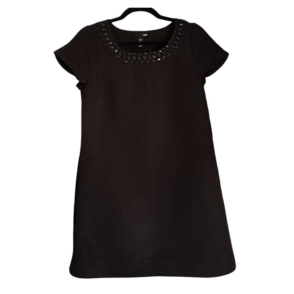 H&M Black Beaded Neckline Dress Women 6 Mini Cocktail Short Sleeve Shift